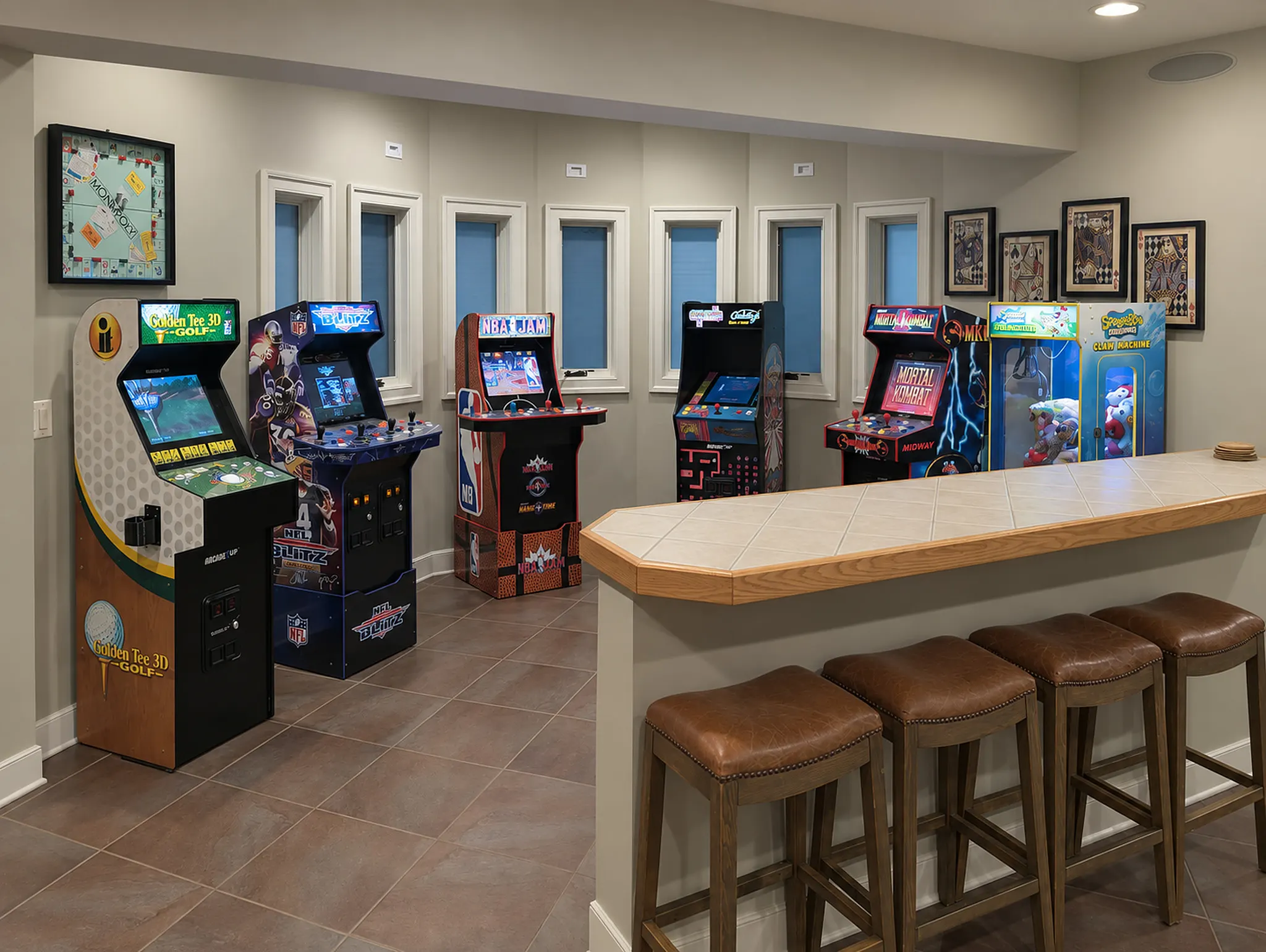 Five arcade cabinets and a claw machine beside the snack bar