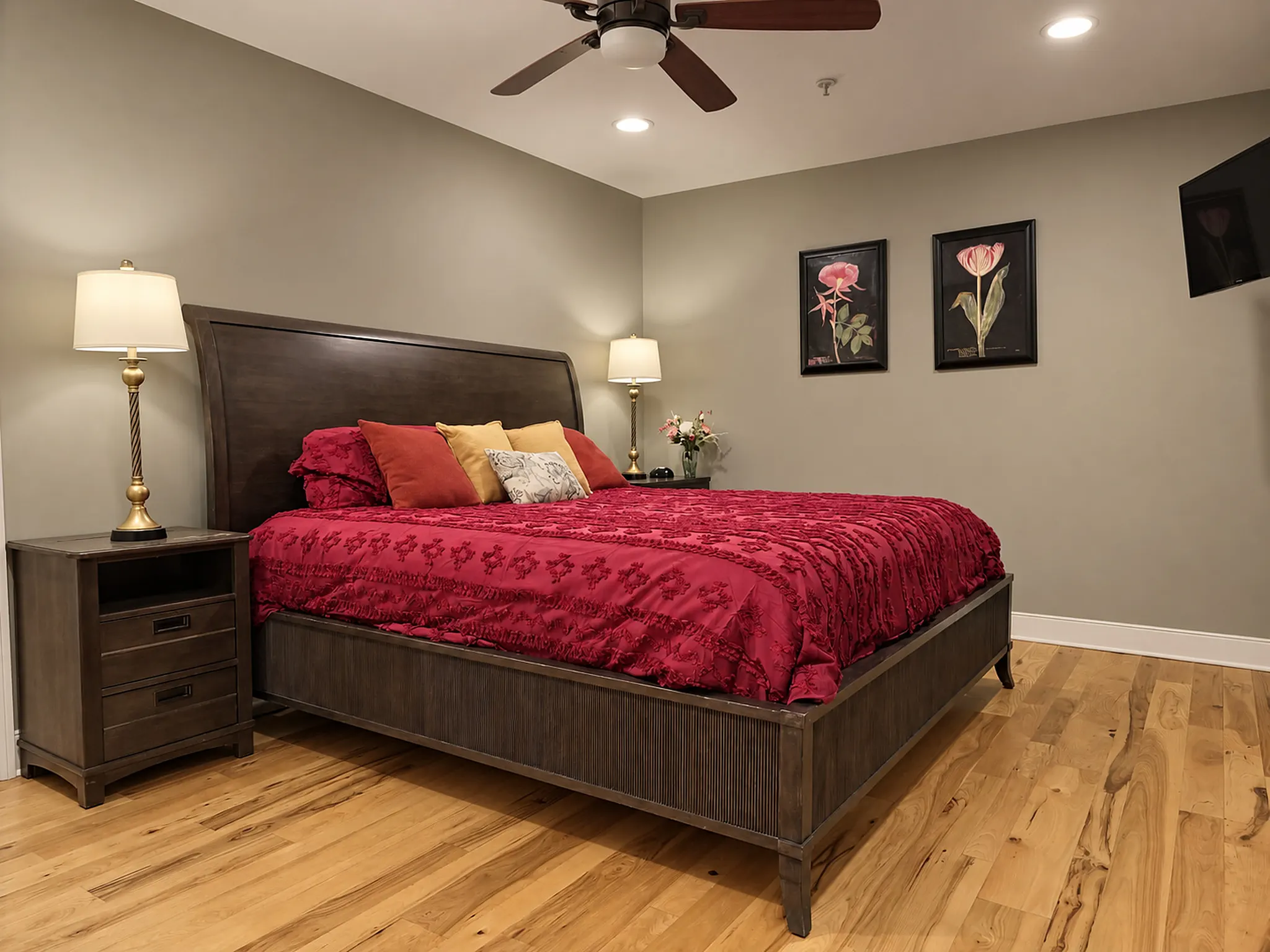 Upstairs king bedroom with red bedding and corner TV