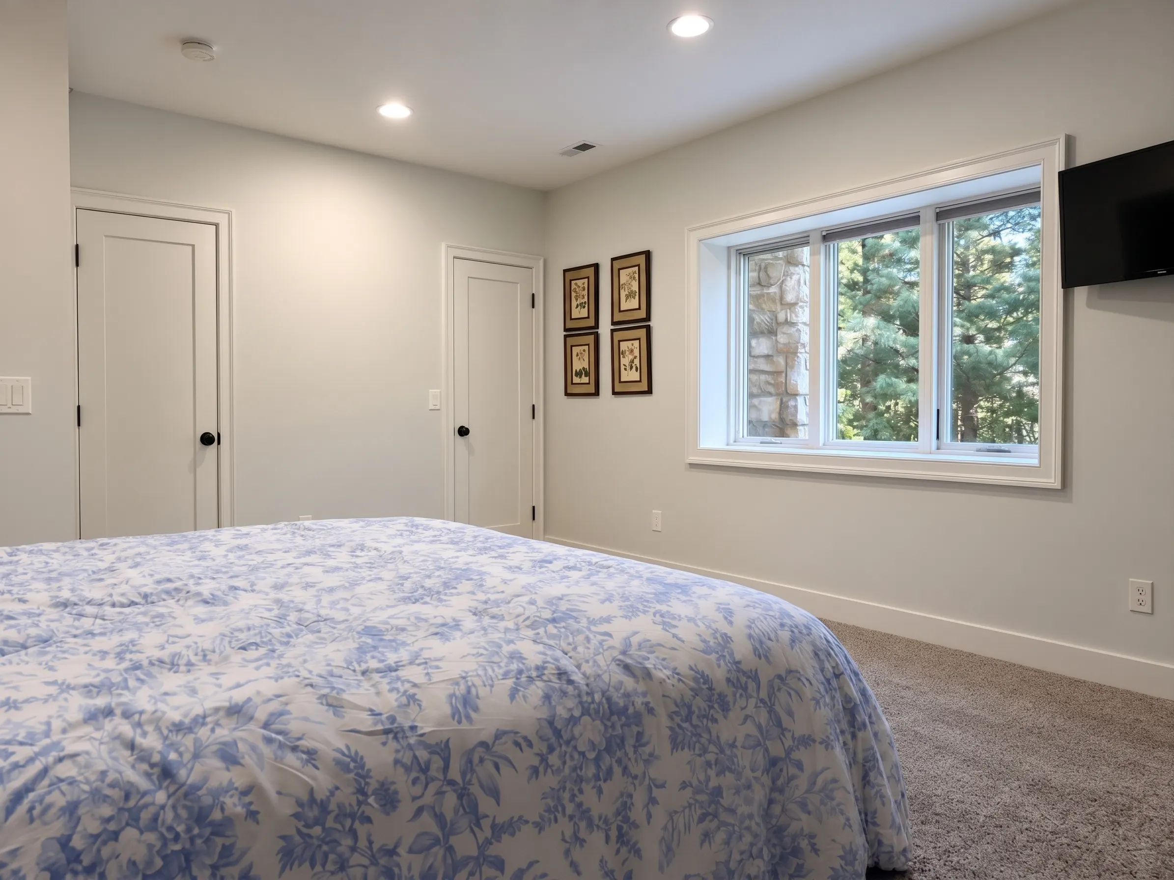 Lower level queen bedroom with TV and wooded window view