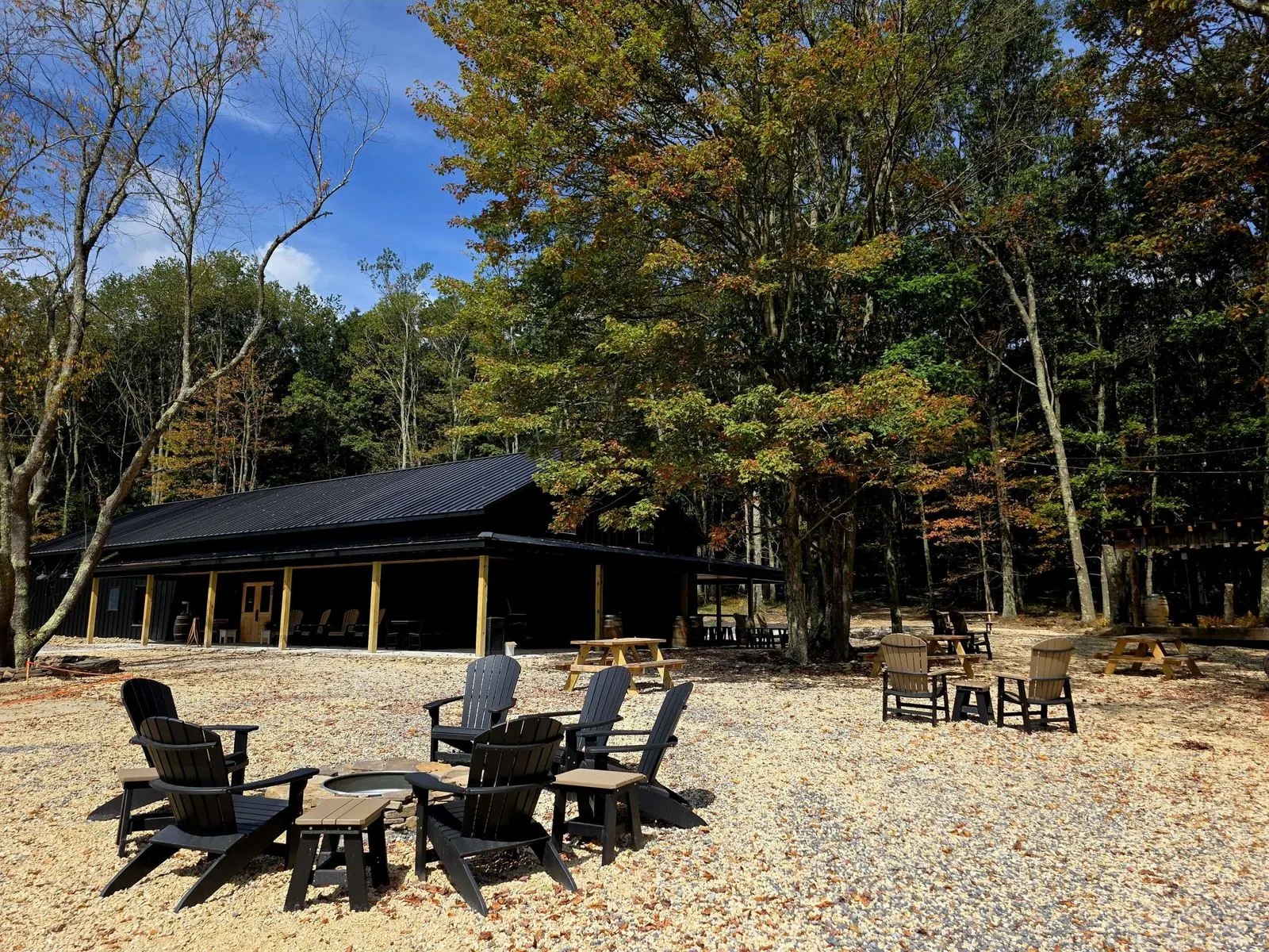 Blackthorne Cellars' tasting room with fire pit seating and Adirondack chairs under fall trees