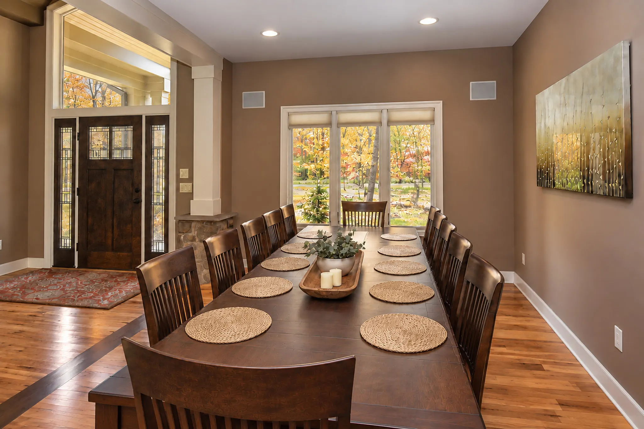 The formal dining room at Woodland Chalet, set for a large group dinner