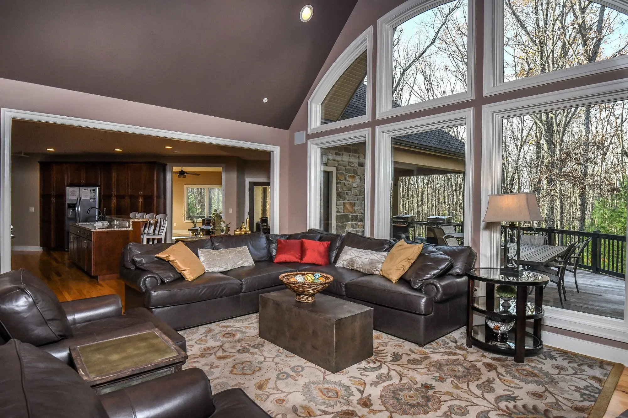 Great room looking toward the deck doors and the forest