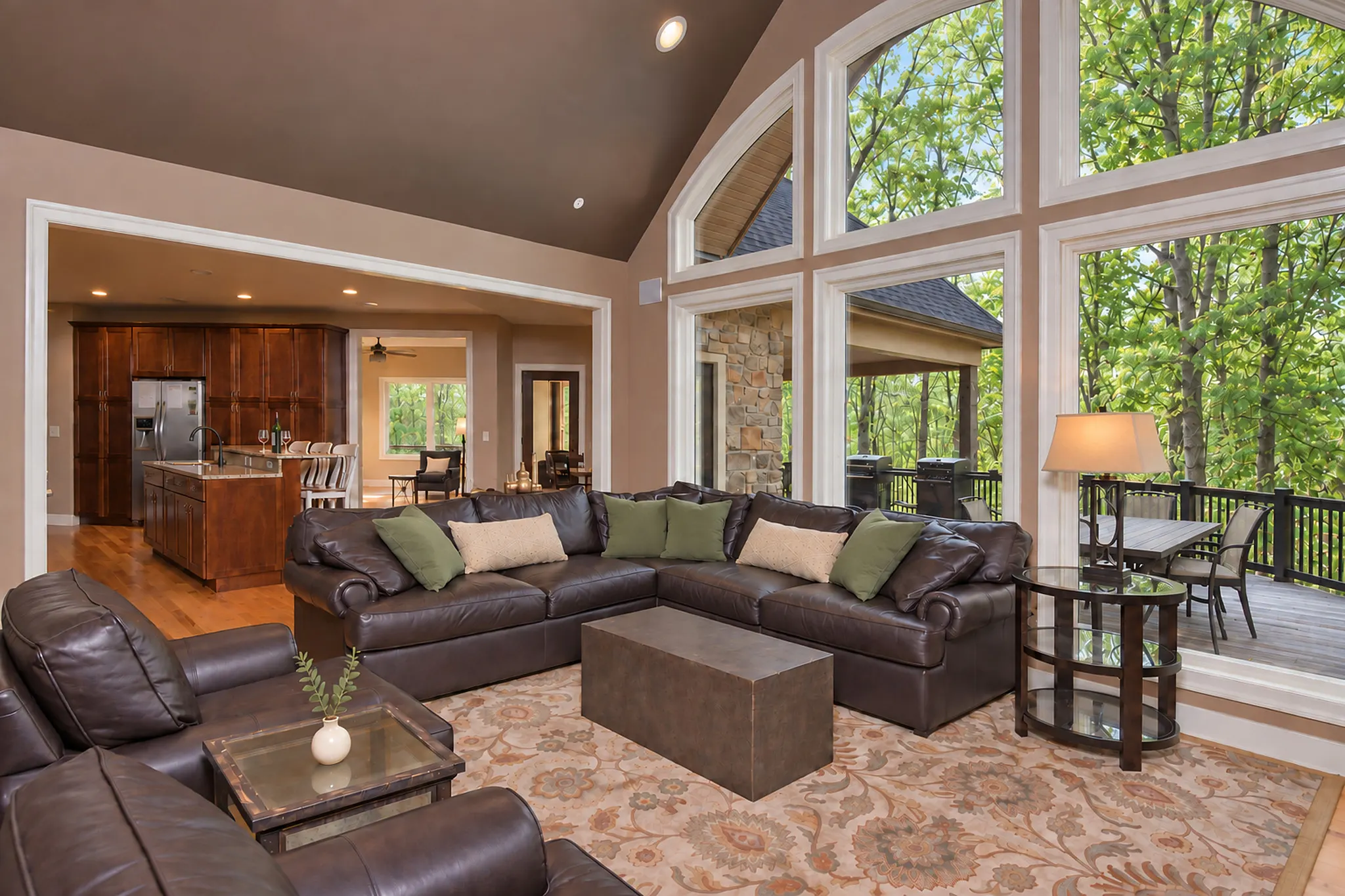 Great room looking toward the deck doors and the forest