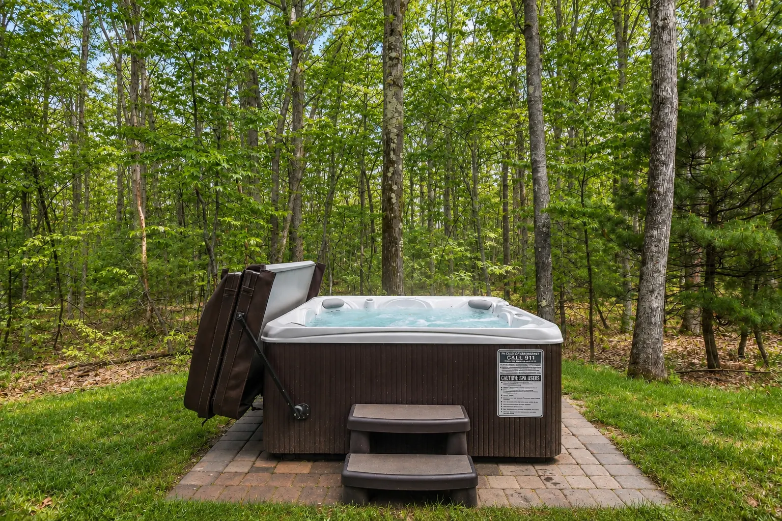 Open-air hot tub at the edge of the woods