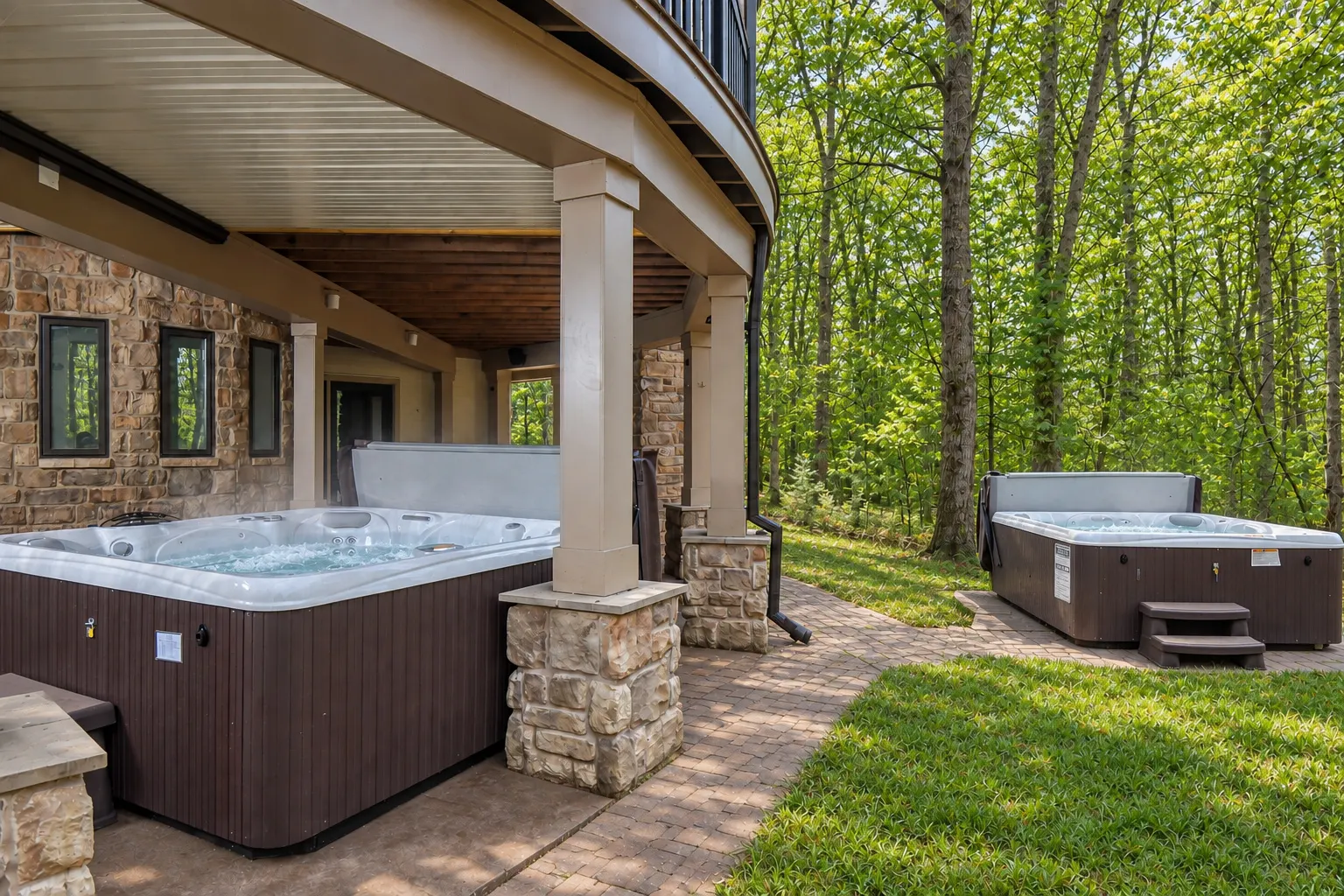 Both hot tubs on the covered patio beside the stone fireplace at Woodland Chalet