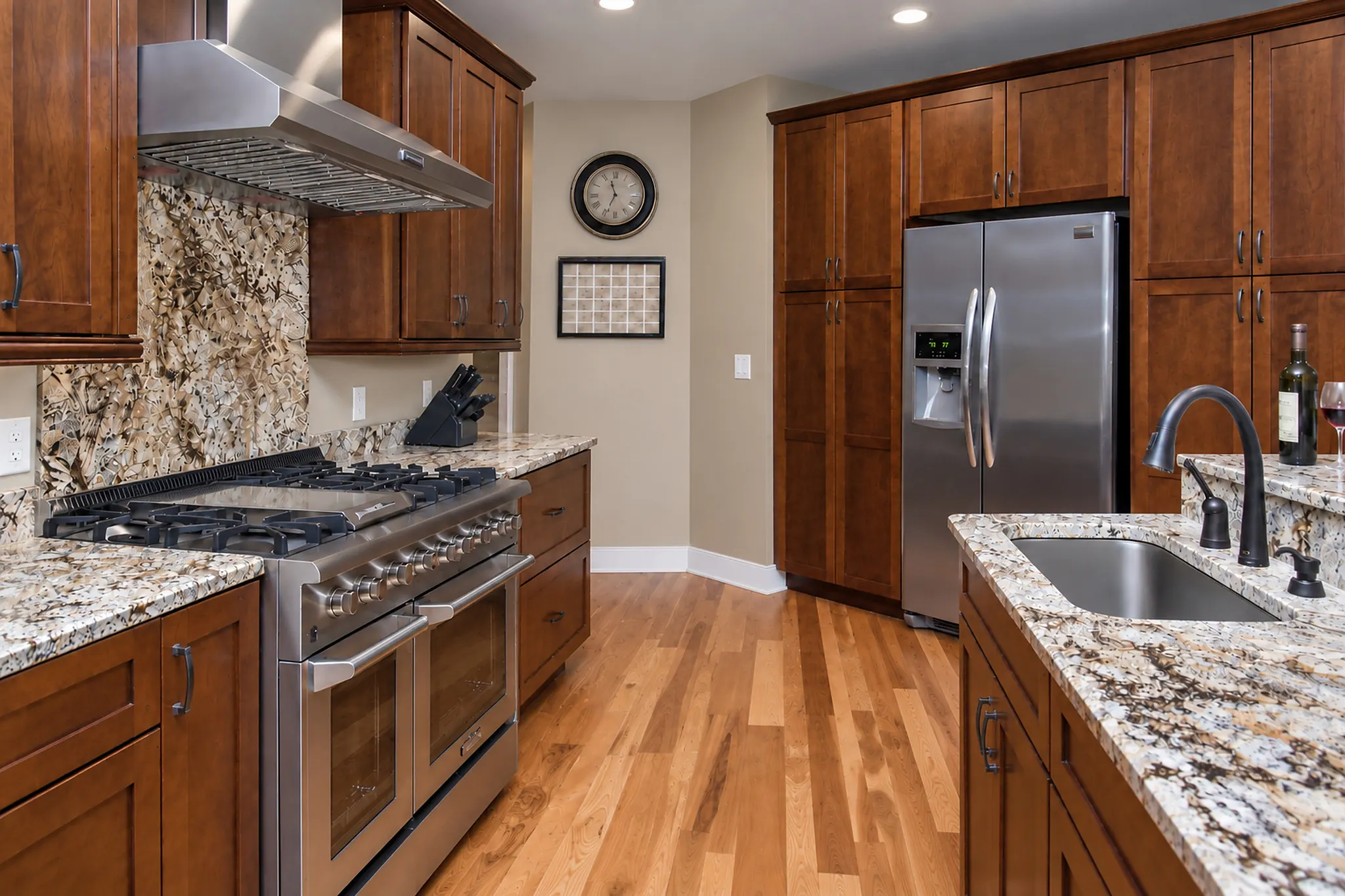 Main kitchen range with a granite backsplash and vent hood
