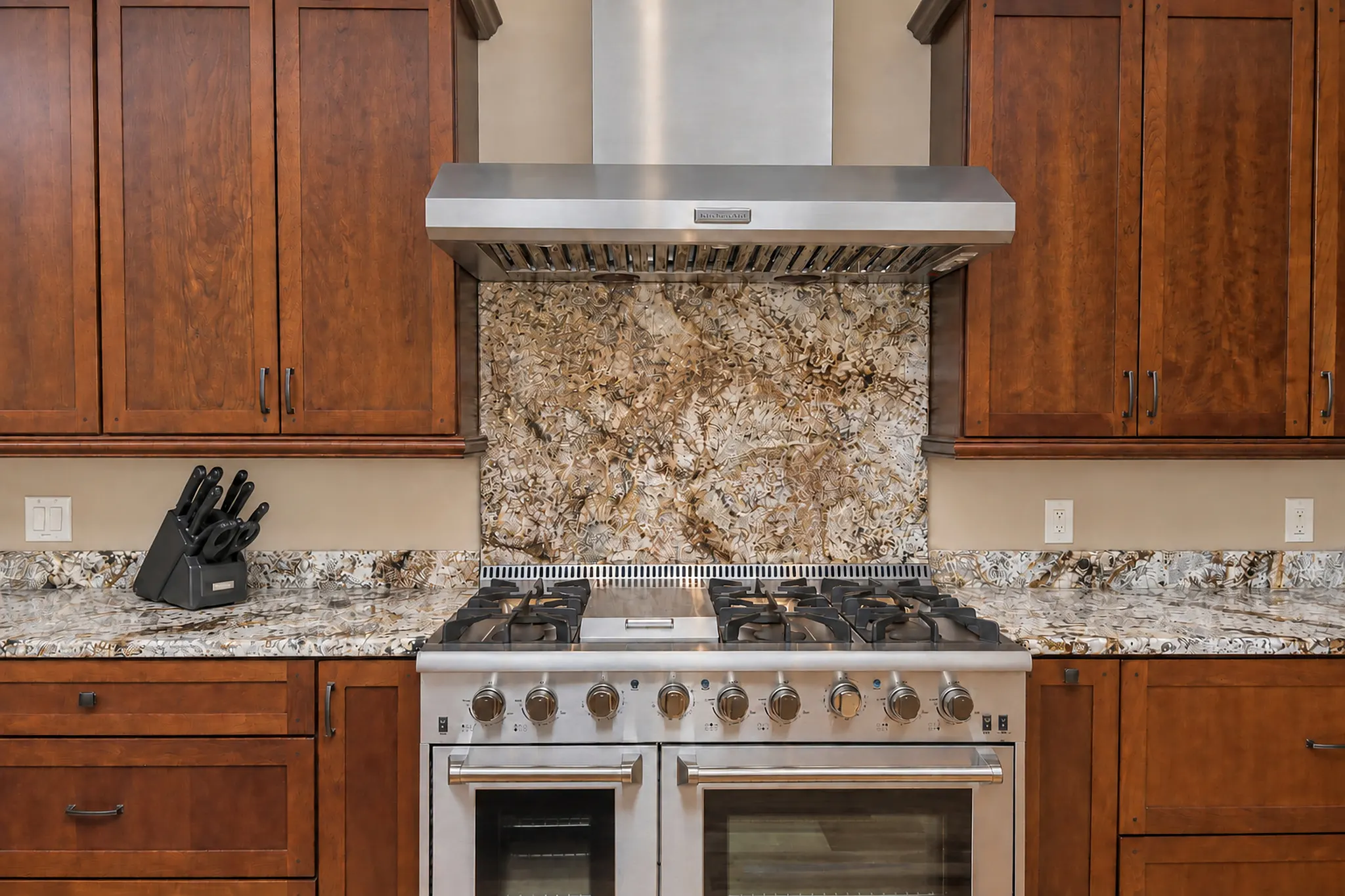 Main kitchen double-oven gas range under the stainless vent hood