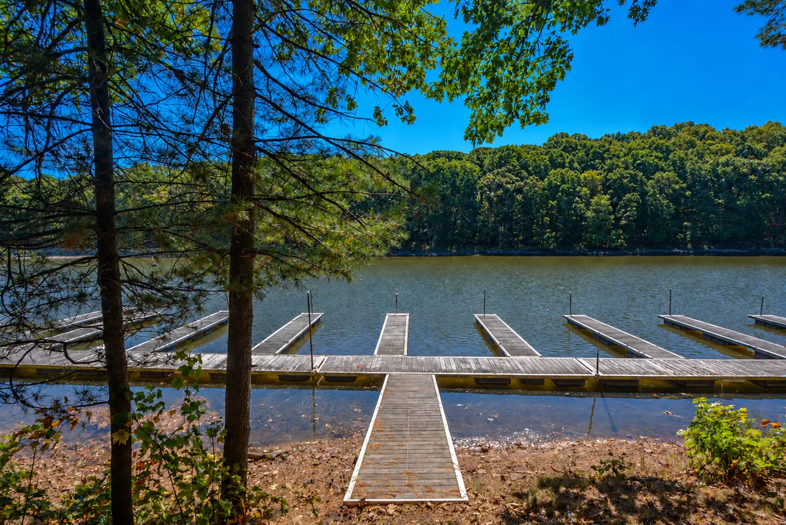 Woodland Chalet dock slip on Deep Creek Lake, viewed through the trees