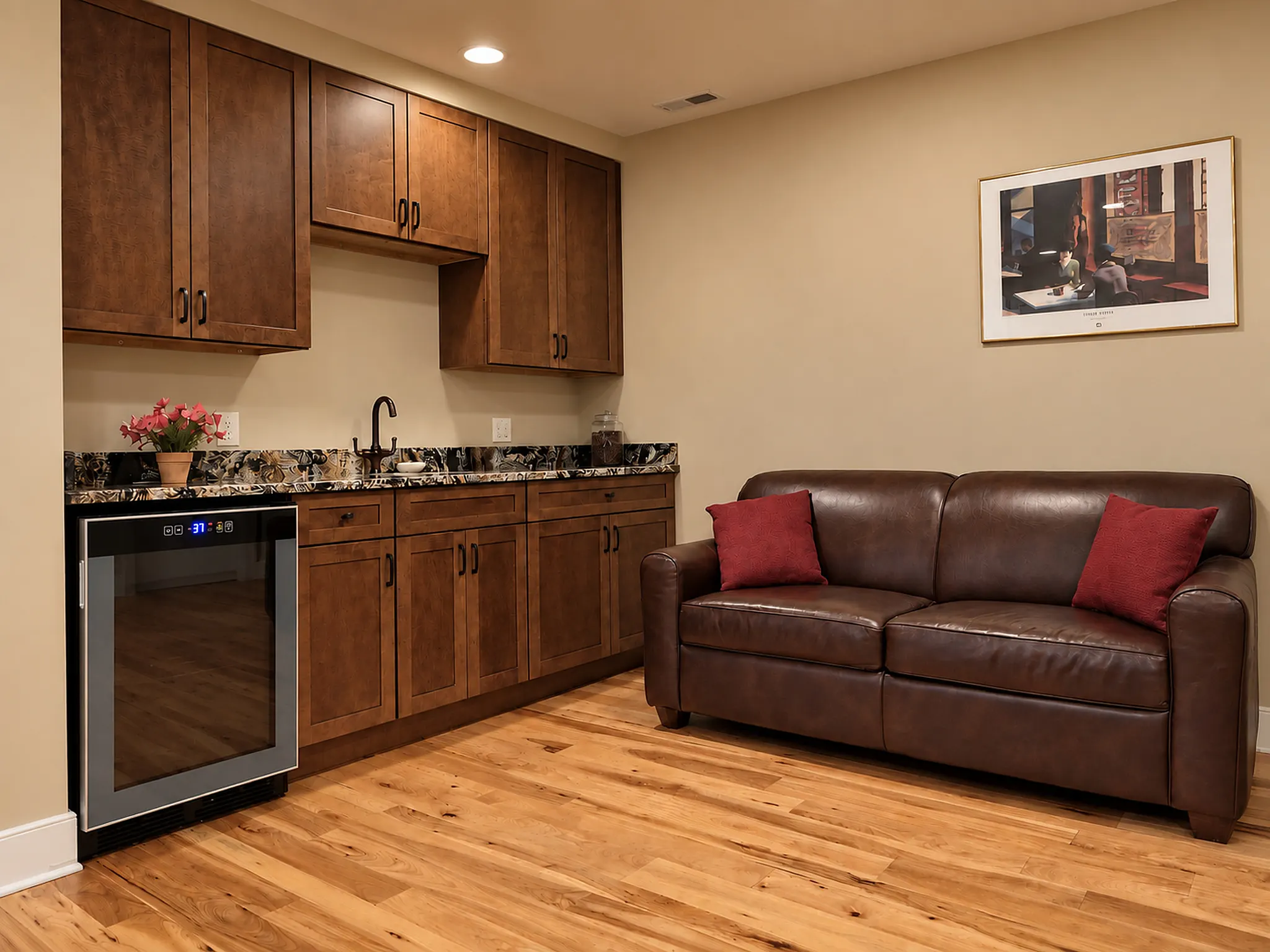 Upstairs landing lounge wet bar with wine fridge and leather loveseat
