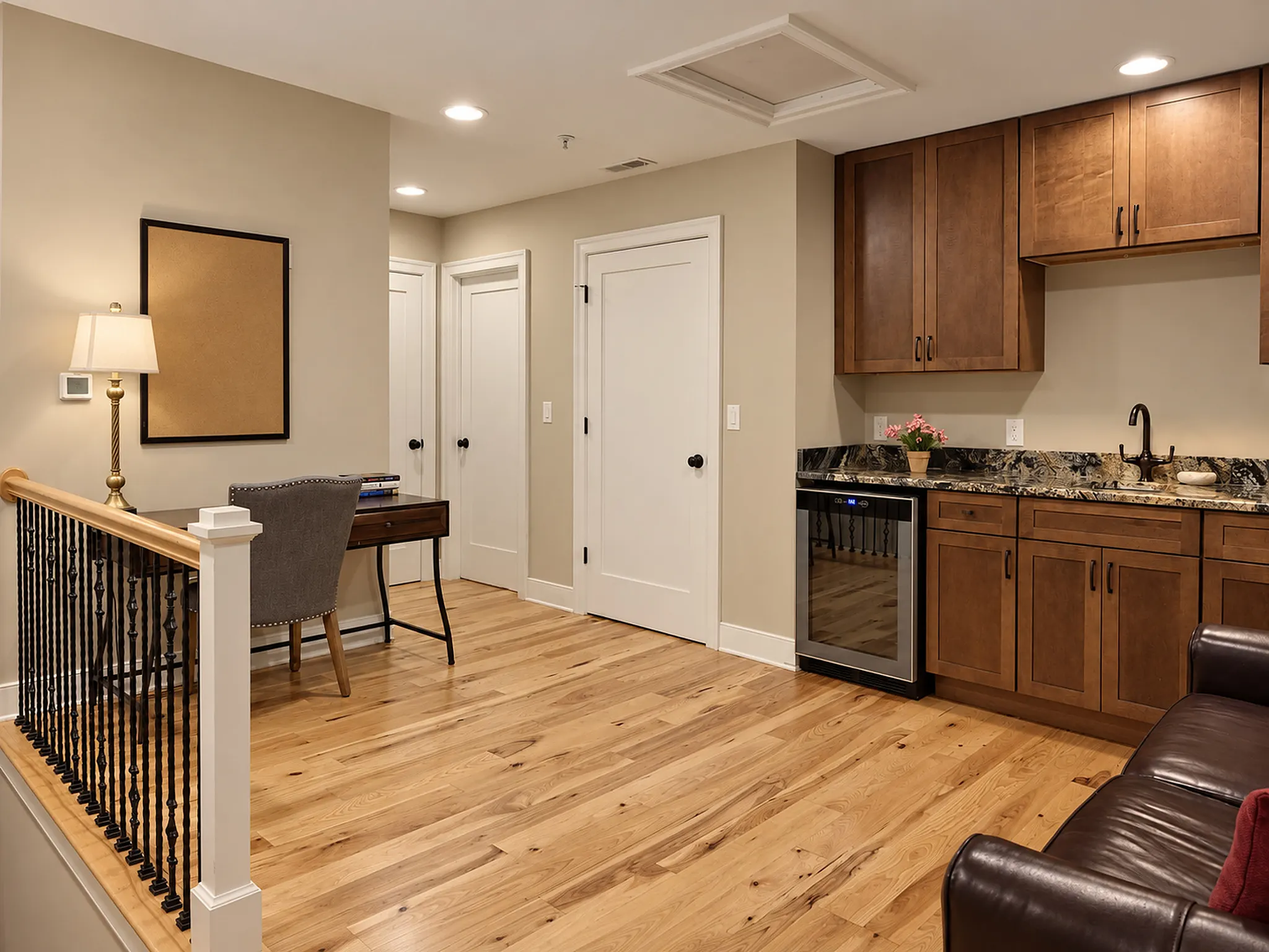 Upstairs landing lounge with writing desk and wet bar