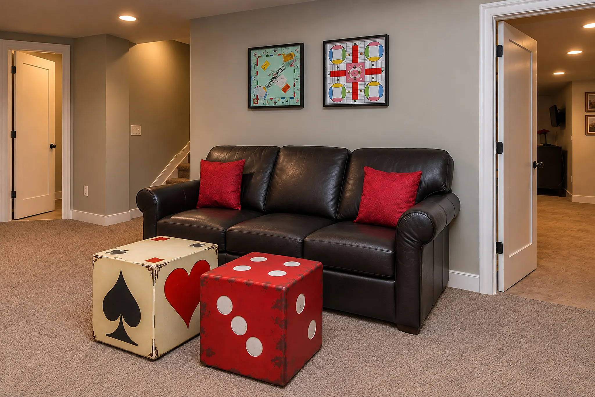 Lower level den with a leather sofa
