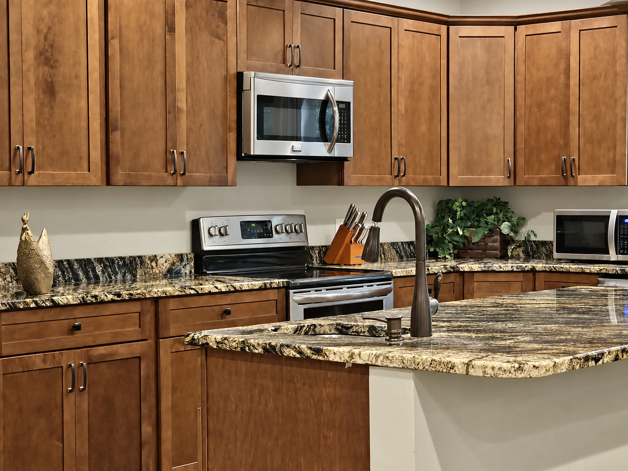 Lower level kitchen island with prep sink and electric range