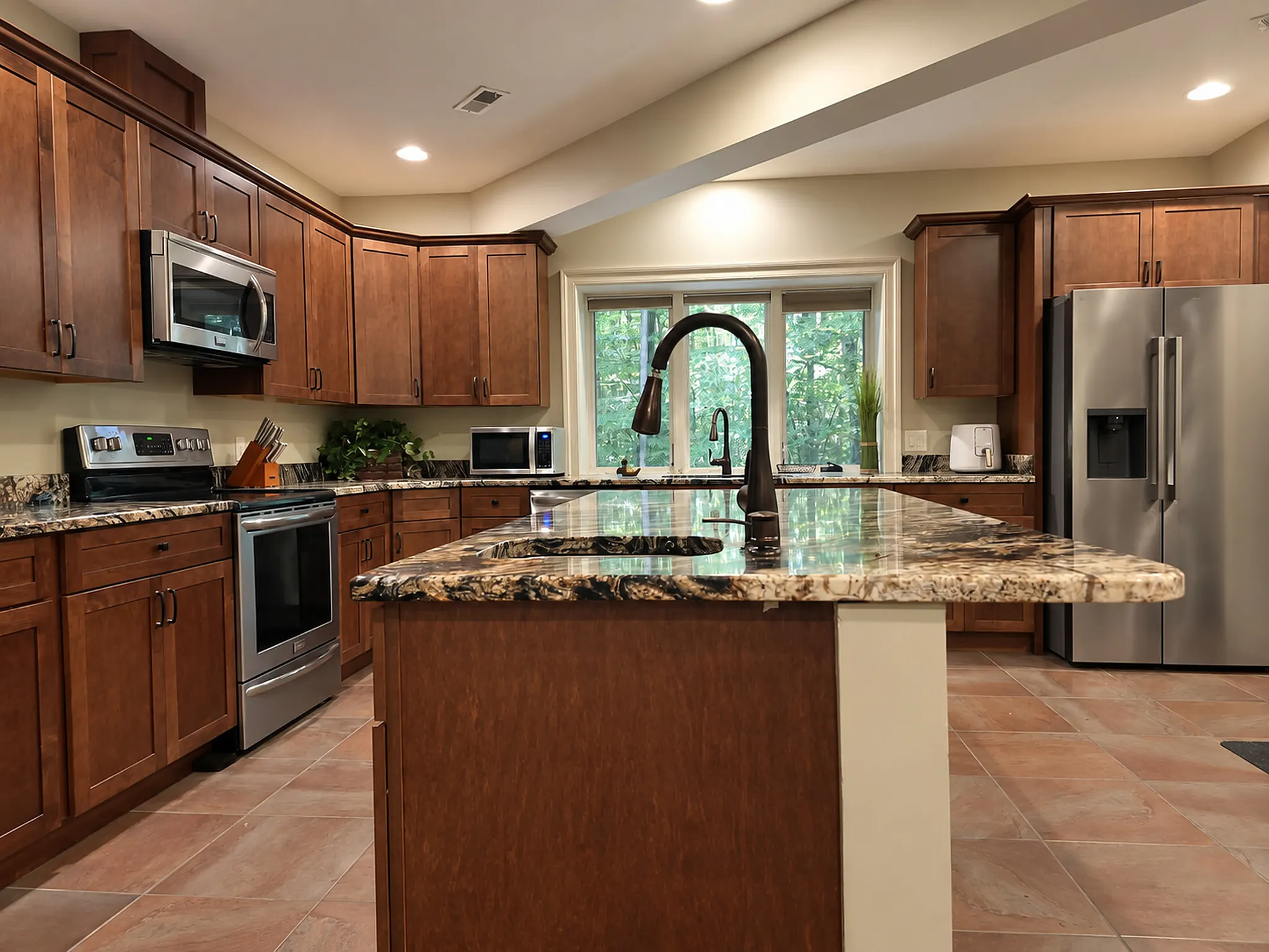 Full second kitchen on the lower level with island and full-size fridge