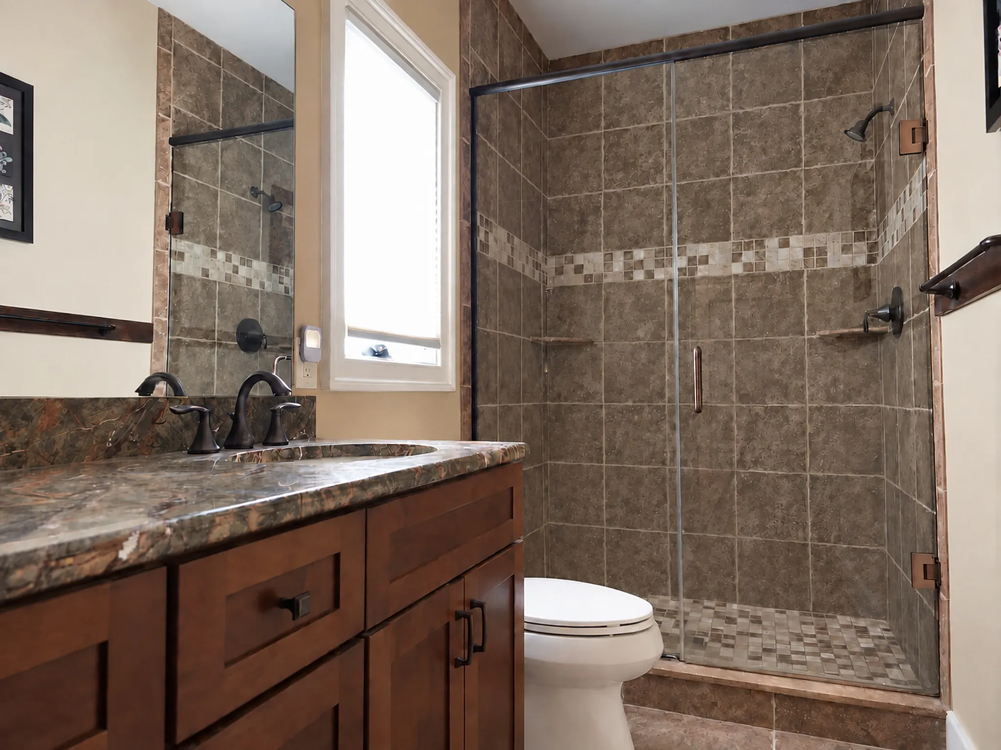 Main level full bath with a tiled walk-in shower and dual shower heads