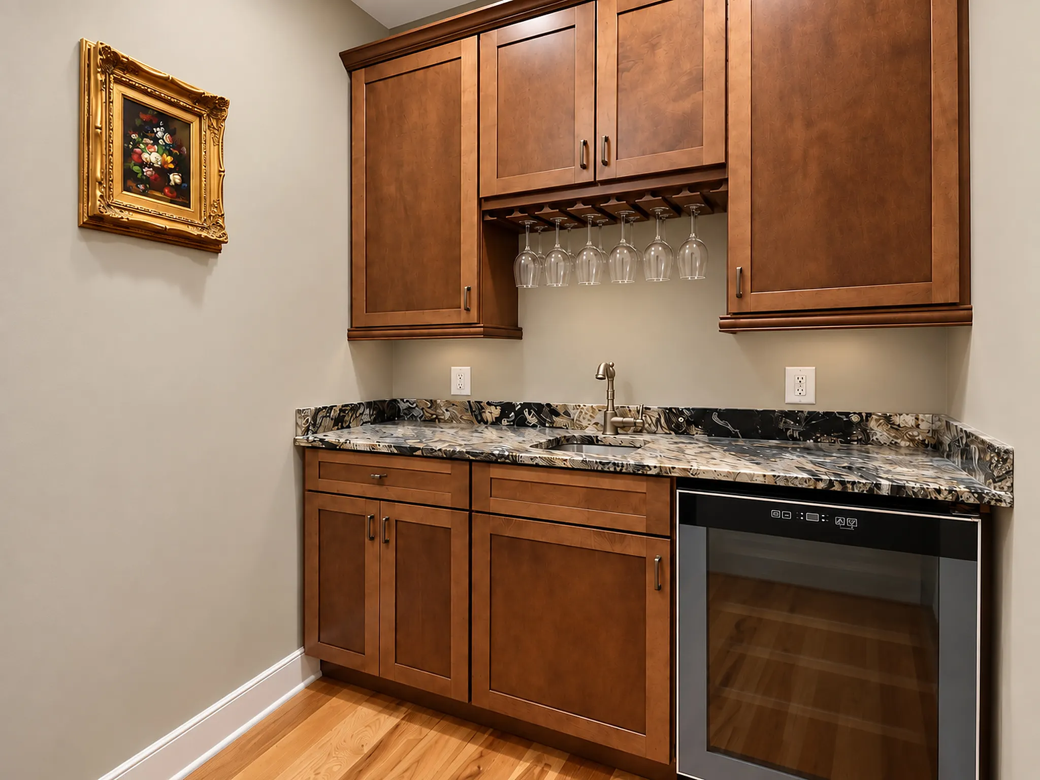 Primary suite wet bar with beverage fridge and stemware rack