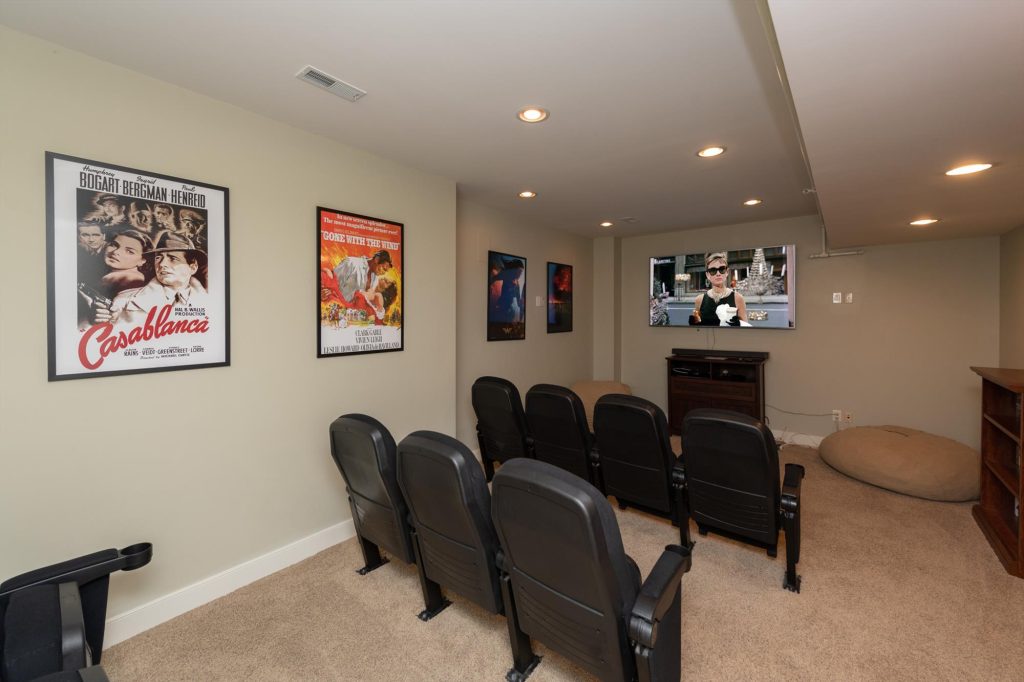 Private theater room with large screen and comfortable seating at Woodland Chalet